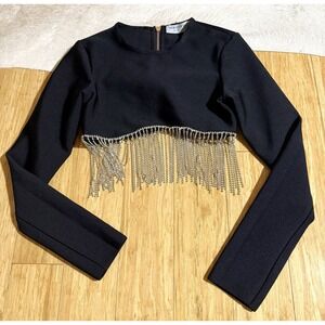 Guilty‎ Of Glam Black Rhinestone Fringe Long Sleeve Women's Back Zip Top Size S